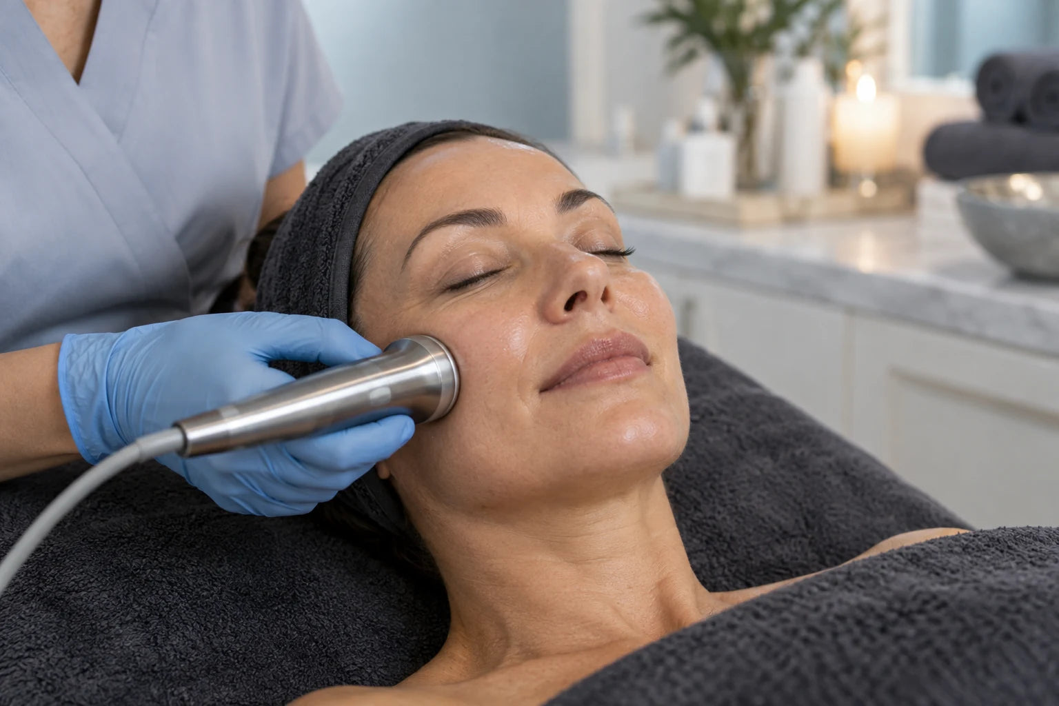Illustrative facial cooling treatment with a stainless wand