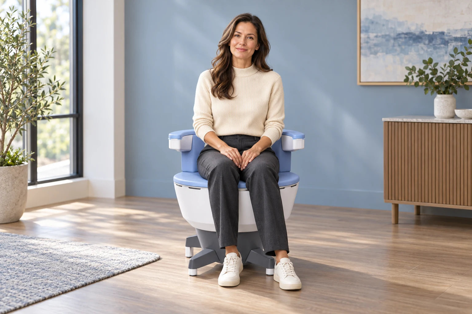 Illustrative scene of a woman seated fully clothed for pelvic floor treatment
