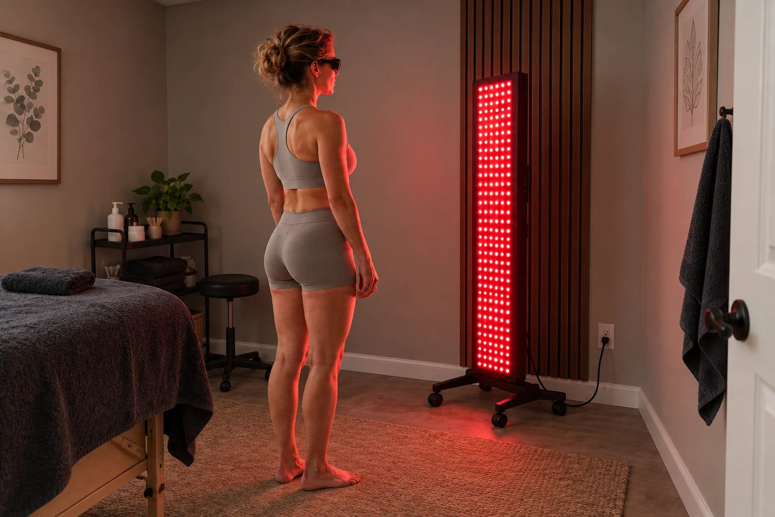 Illustrative scene of a woman wearing eye protection standing in front of a red LED panel
