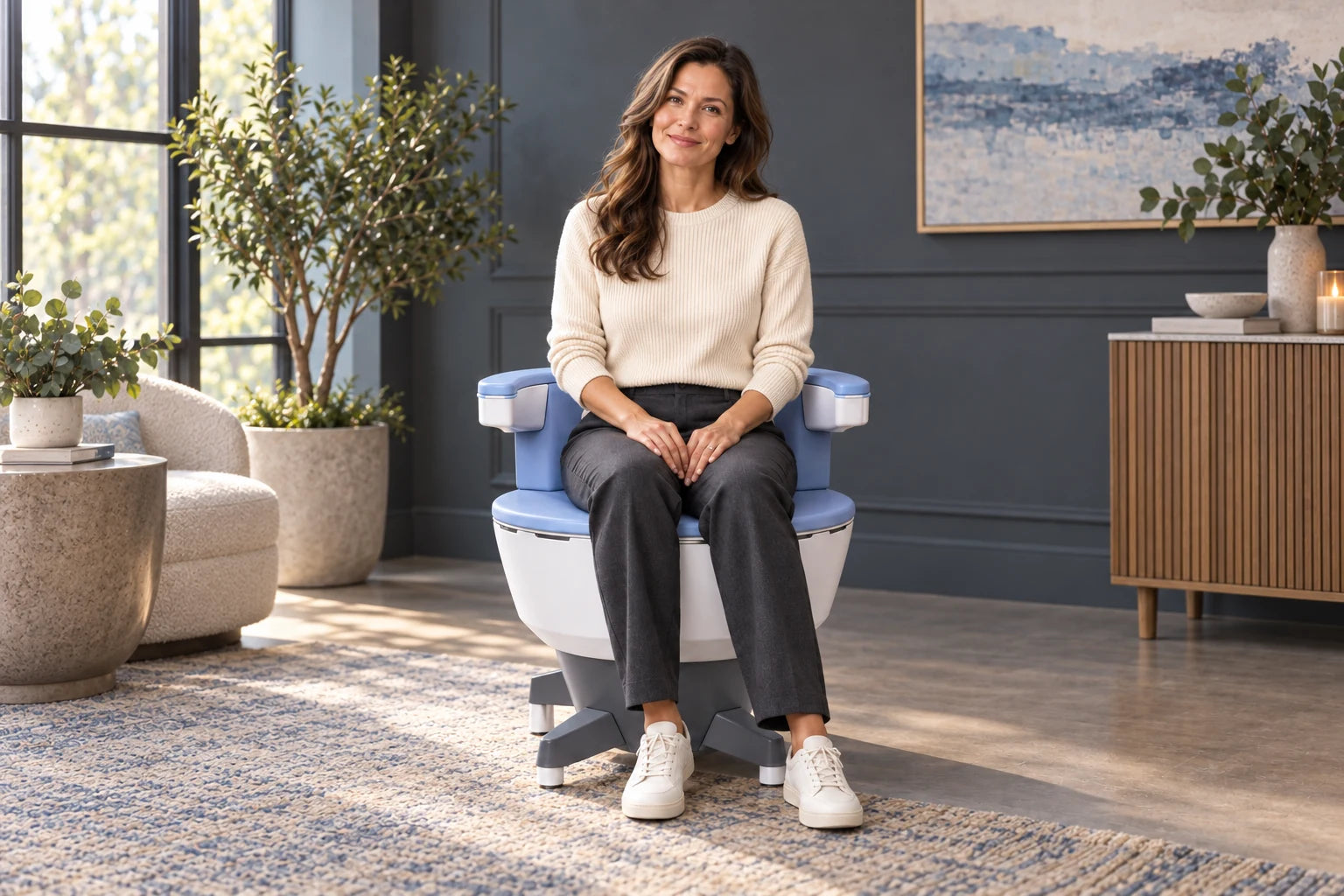 Illustrative wellness scene of a woman comfortably seated on a pelvic treatment chair