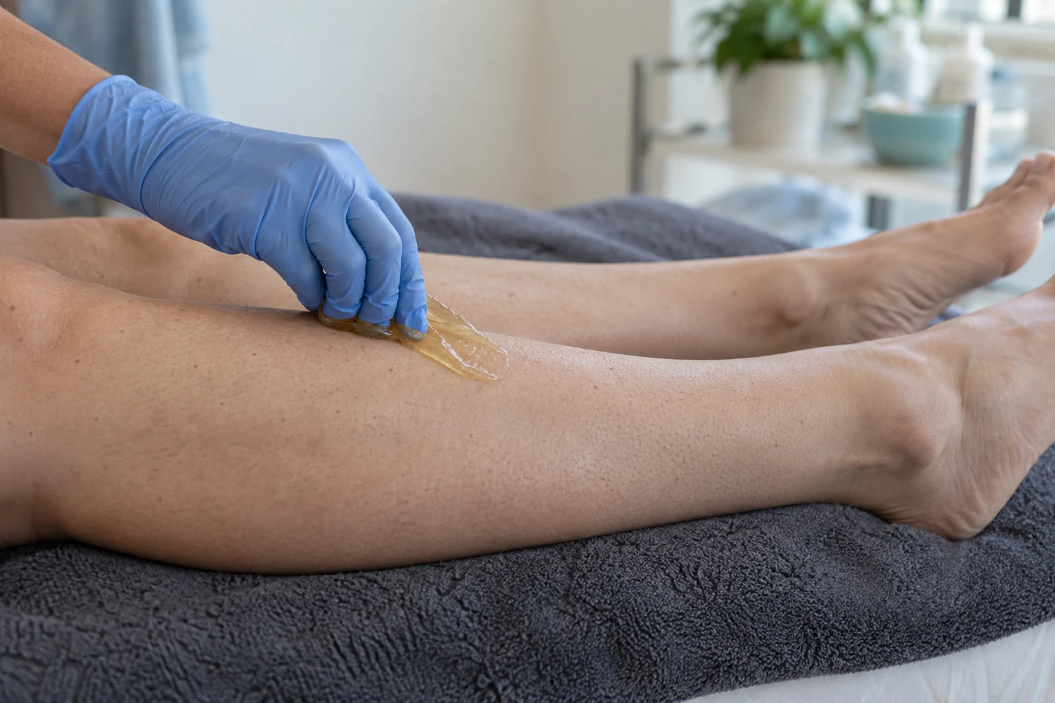 Illustrative sugaring with legs resting flat and one gloved hand applying paste