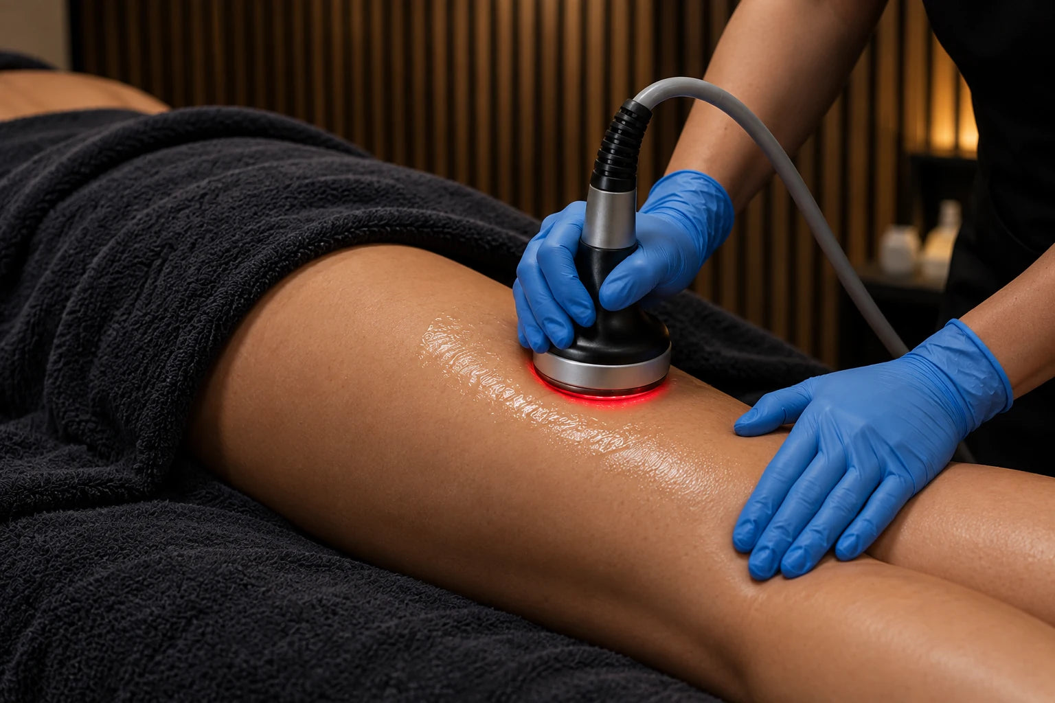 Illustrative radio frequency treatment on the back of a thigh, with blue gloves and a red light at the applicator