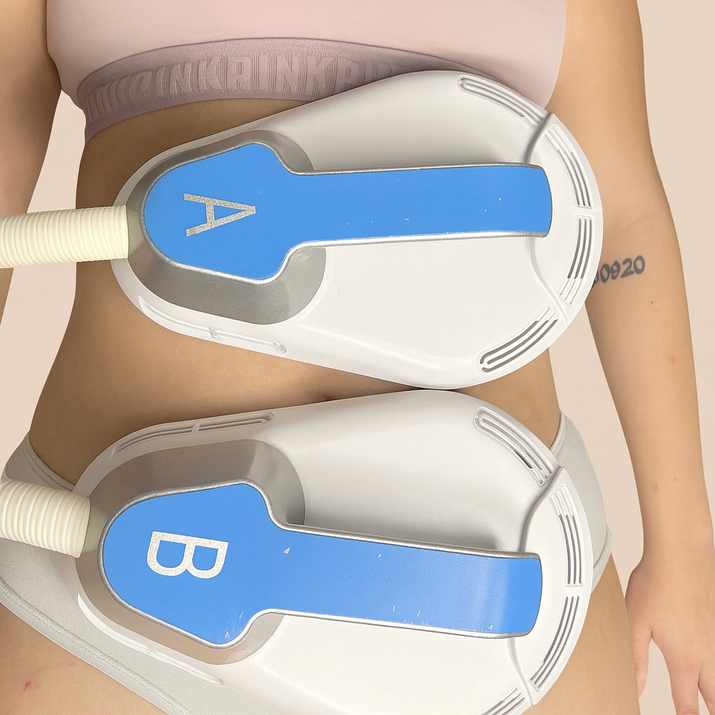 Two HIFEM treatment applicators positioned over the abdomen